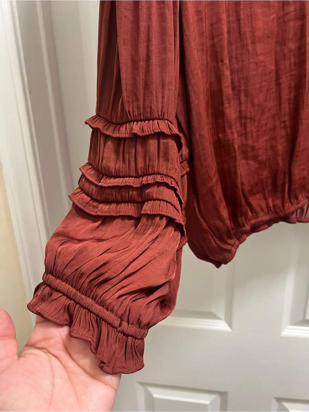 Rust Red V-Neck Ruffled Long-Sleeve Blouse - Picture 3 of 4